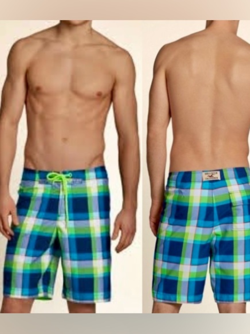 Hollister Y2K long Boardshorts Blue & Neon Green Plaid Swim Trunks size medium